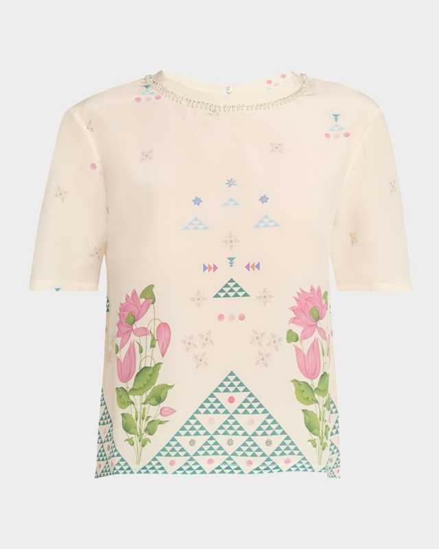 Gabrielle Geo Floral-Print Silk Crystal-Neck Blouse
